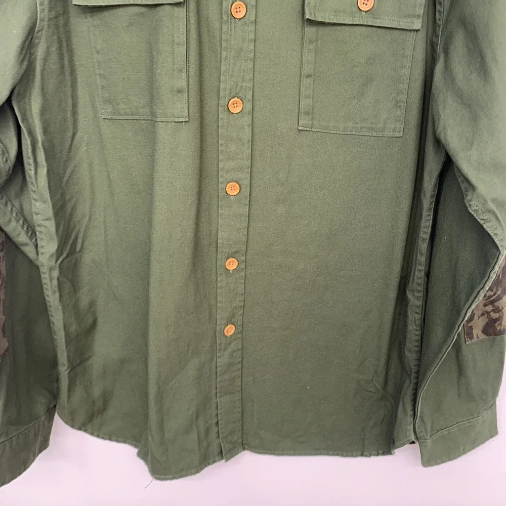 Request Denim Army‎ Green Camo Patches Button Up Shirt XL 100%  Cotton Woven